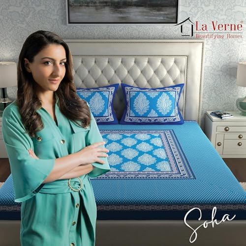 Image of La Verne 104 TC Cotton Double Bed Bedsheet Jaipuri Rajasthani Print Bedsheet with 2 Pillow Covers (Blue)