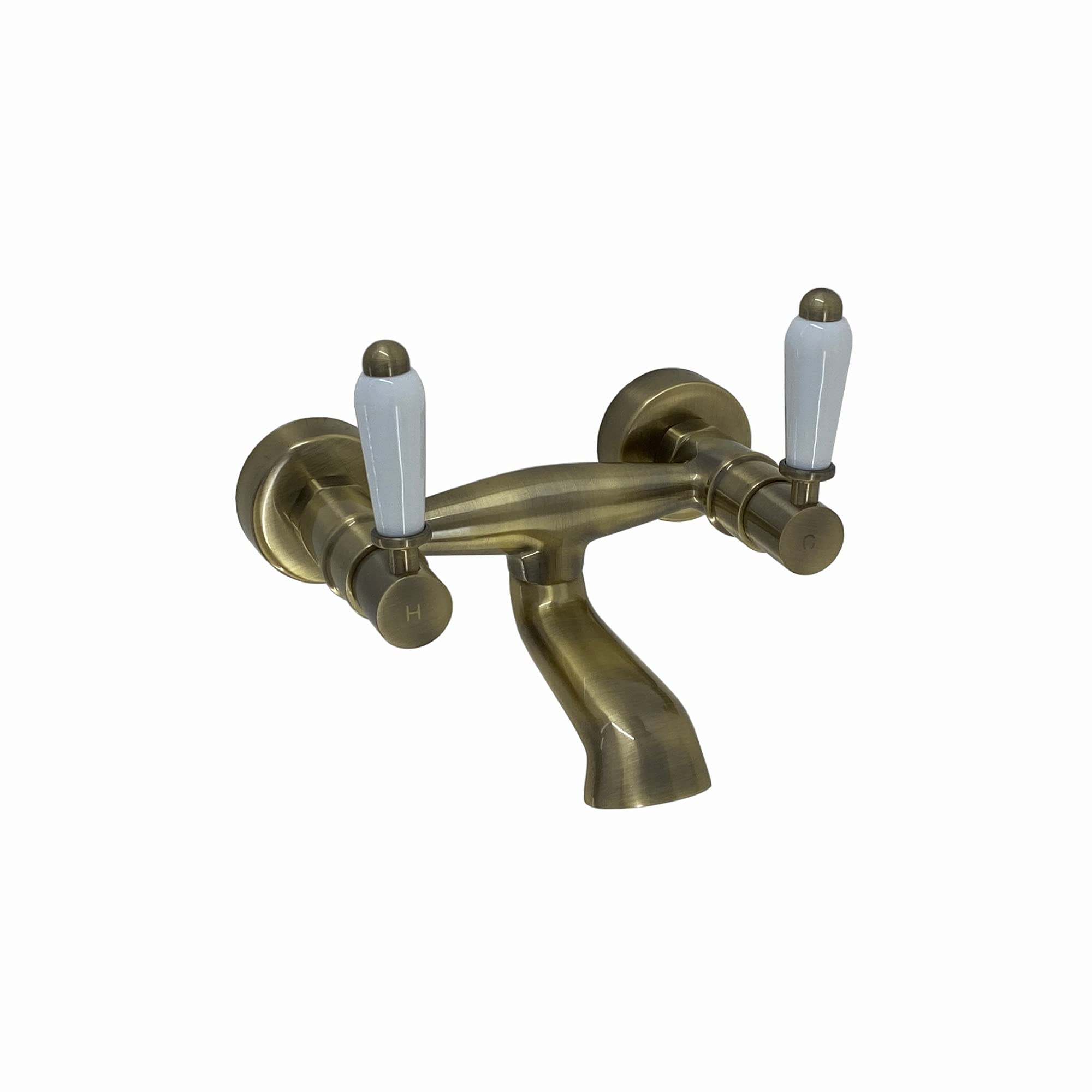 ENKI, Downton, BT0820 Wall Mounted Bath Mixer Tap with White Ceramic Levers Antique Brass