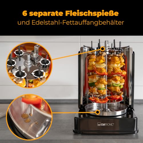 Foto von Clatronic® Döner-Vertikal-Multigrill | Multigrill Perfekt für Gyros, Kebab & mehr | Gyrosgrill für Fettfreies Grillen zuhause | Dönergrill Inkl. Drehspieß & 6 Fleischspieße | DVG 3686