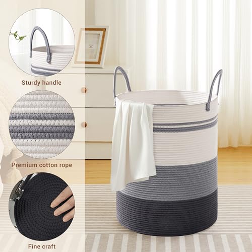 Image of 58L Tall Cotton Rope Laundry Basket with Handles, Grey Striped