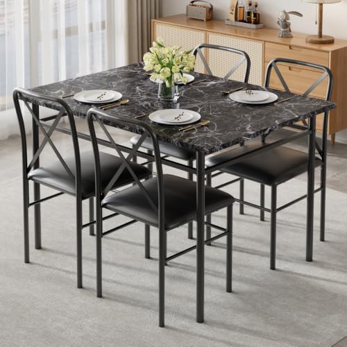 Image of VECELO 5-Piece Dining Table Set for 4 with Upholstered Chairs, Pure Black | Faux Marble Tabletop, Space-Saving, for Kitchen, Breakfast Nook