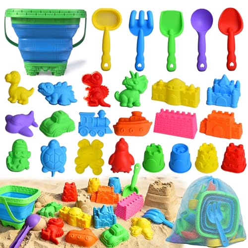 Kids Beach Sand Toys Set - 27PCS Collapsible Sand Bucket Shovels Rakes Sand Molds Mesh Storage Bag Summer Outdoor Sandbox Toys for Toddlers Kids Boys Girls