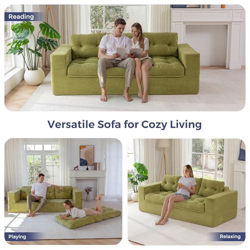 Image of MAXYOYO 79 inch Loveseat Sofa Couch for Small Spaces, Upholstered Boneless Cloud Couch for Apartment Bedroom, 2-Seater Love Seat Floor Modern Sofa with Pillows, No Assembly Required, Green