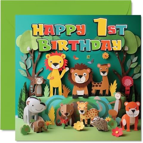 Stuff4 1st Birthday Card for Boys Girls - Jungle Animals - Happy Birthday Card 1 Year Old Boy Girl, First Birthday Cards for Him Her, 5.7 x 5.7 Inch Greeting Cards for Nephew Niece Children Kids Cover