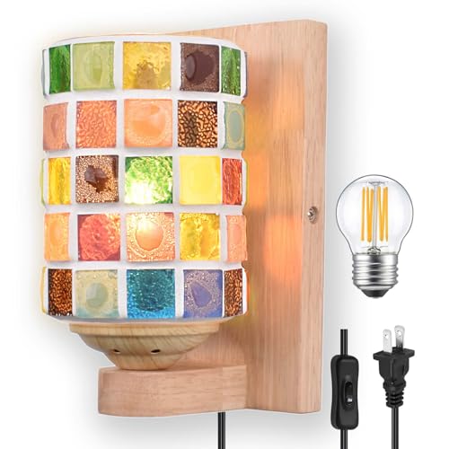 Image of Bedside Colored Mosaic Glass Wall Sconce, Handmade Mediterranean Bohemian Turkish Moroccan Wall Lamp Stained Glass Wall Light Fixtures for Bedroom Living Room Hallway Vanity Corridor Bulb Included