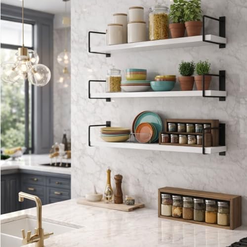 Image of NEST NATURE HAVEN Decorative Wooden Set of 3 Wall Shelf for Living Room & Bedroom Floating Mounted Bookshelf Wooden Wall Mounted | Decorative Storage Wall Shelf Rack (White 20X6X2)