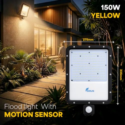 Image of Forus 150W LED Flood Light Yellow with Motion Sensor Auto On Off Day Night Mode Waterproof Outdoor Security Light for Garden Parking Factory Warehouse Shop High Bright Floodlight 4Yr Warranty-1Pc