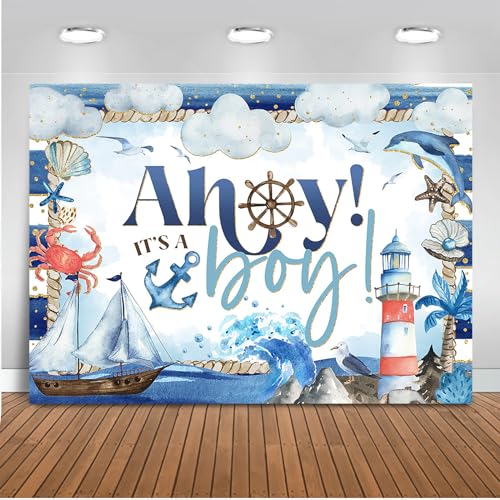 Mocsicka Ahoy It's a Boy Baby Shower Backdrop Nautical Themed Baby Shower Party Decoration Watercolor Ocean Ship Anchor Coral Seashell for Boy Photography Background (7x5ft)