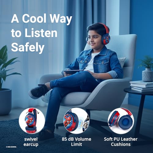 Image of Marvel Spider-Man Kids Bluetooth Stereo Headphones with Mic | Swivel & Foldable Cups | Kids Safe 85dB Volume | Soft Padded Earcups | Aux Input | 22H Playtime|Voice Assistant|Perfect for Boys|Ages 5-16