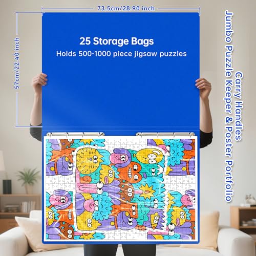 MOZOOSON Puzzle-Aufbewahrungsordner für 1000 Puzzles, Puzzle-Zubehör mit 25 Taschen, große Kapazität, Puzzle-Organizer, staubdicht und schützendes Puzzle-Zubehör (Blau)