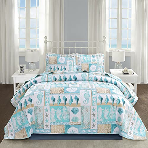 3-Piece Coastal Plaid Rversible Quilt Set Full/Queen(90X90 Inches),Tropical Seahorse Conch Starfish Nautical Bedding Sets,Beach Theme Quilted Bedspread Coverlet For All Seasons (Blue Green,Full/Queen) #TOP9