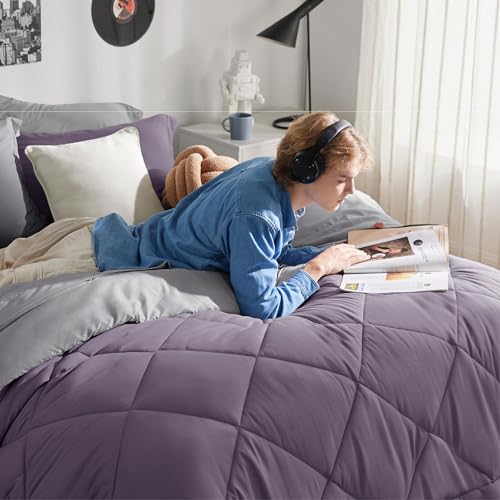 Image of Bedsure Twin XL Comforter - 5 Pieces Reversible Grayish Purple Bed in a Bag, Twin XL Bedding Comforter Set College Dorm Essentials with 1 Flat Sheet, 1 Fitted Sheet, 1 Pillowcase and 1 Pillow Sham