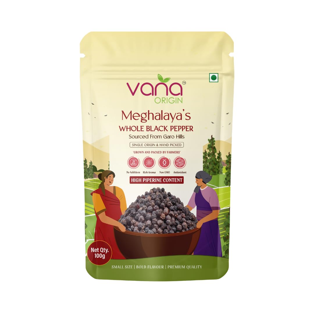 Vana Origin Meghalaya Black Pepper Whole100gm | Farm Fresh Kali Mirch | 6.8% Piperine Content | Single Origin| Chemical-Free