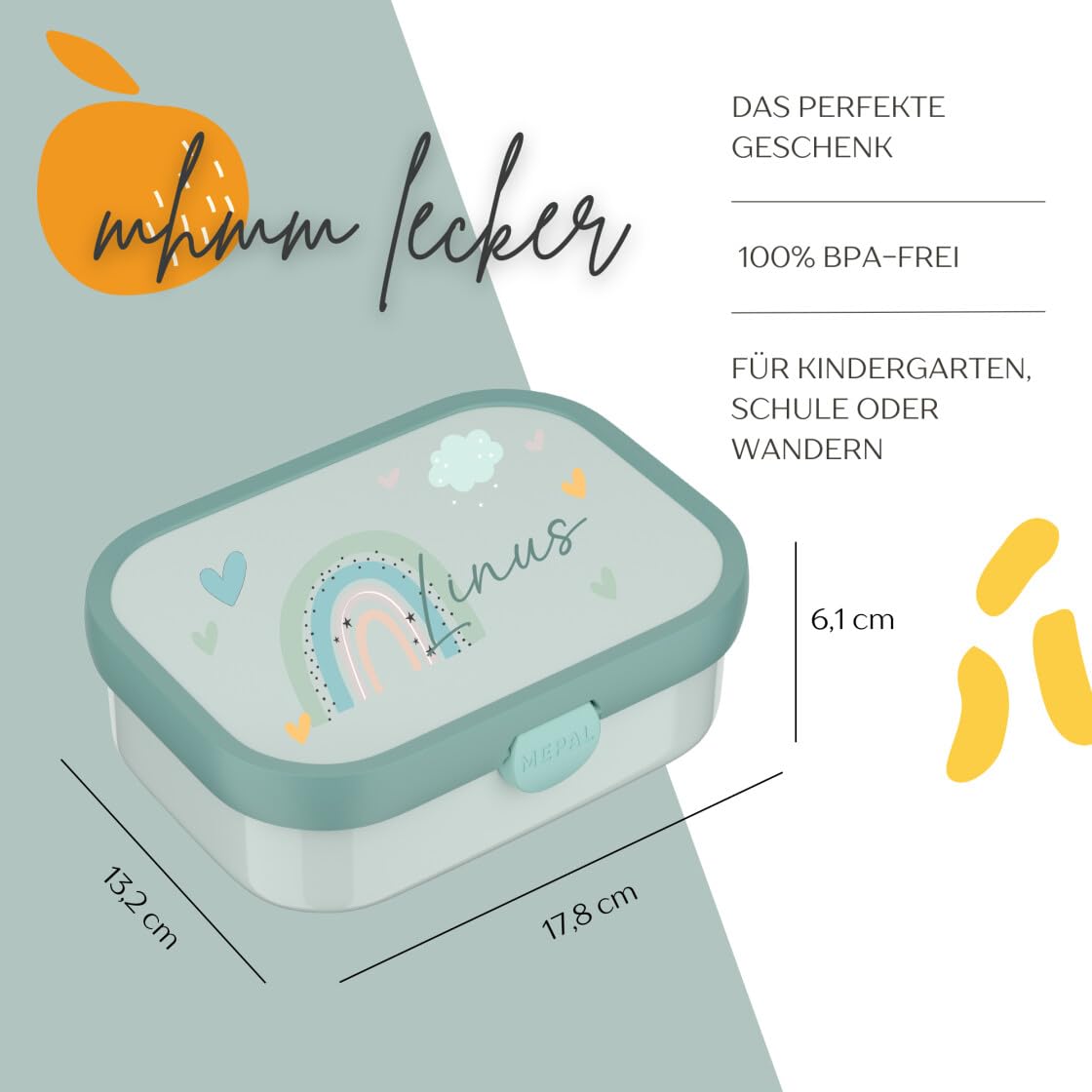 Mepal Set Brotzeitdose & Trinkflasche personalisiert, Brotdose Kinder mit Fächern, Lunch Box & Wasserflasche mit Name, auslaufsicheres Bento Box Set mit buntem Aufdruck Regenbogen (pink)