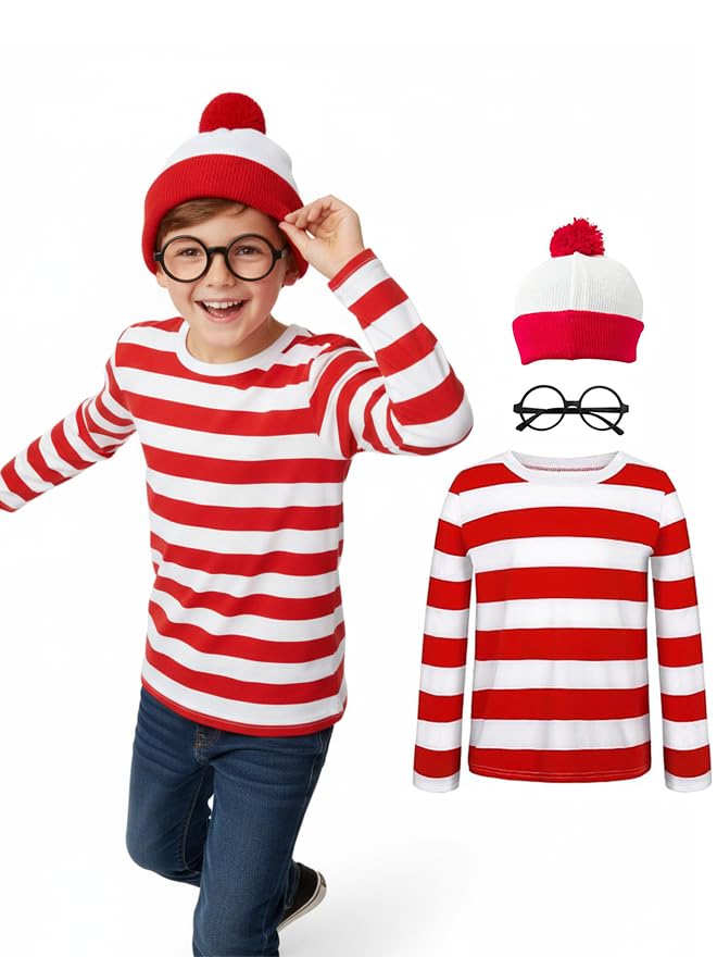 MEDEJU Waldo Red and White Striped Shirt Adult Men Womens Halloween Cosplay Costumes Funny Sweatshirt Outfit Glasses Suits Kid (12-14 years)