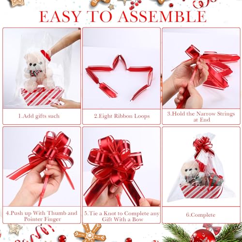 Image of Thenshop 44 Pcs Basket for Gifts Empty Gift Basket Bulk Include 12 Cardboard Tray 12 Plastic Bags and 20 Pull Bows for Christmas Fall Halloween Birthday Wedding Party DIY Wrapping(Stripe,Red, White)