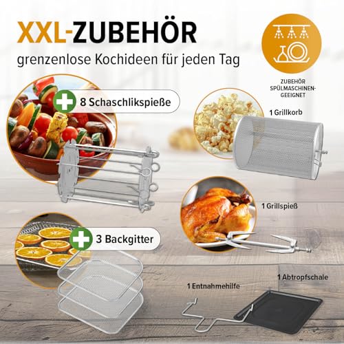 GOURMETmaxx Digitale Heißluftfritteuse XXL - 9L Ofen | Airfryer mit Timerfunktion, Touchdisplay, Drehspieß, Schaschlikspießen | fettarm, energiesparend frittieren | 8 Programme, 1800 W – Bild 6