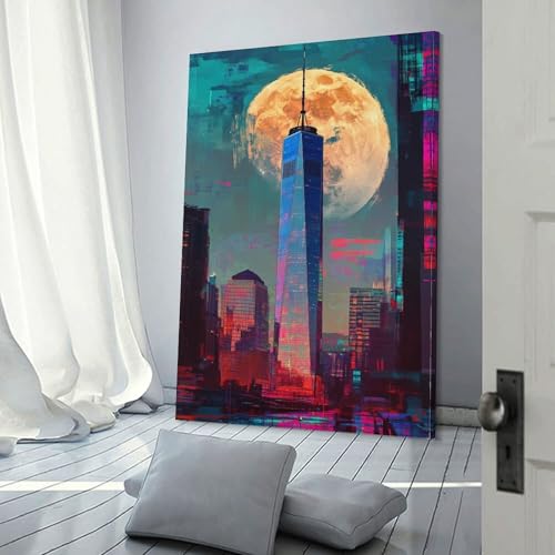 Toile murale lueur lunaire urbaine pour sublimer l'ambiance de votre chambre à coucher