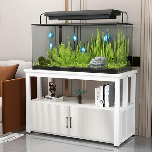 FORRTY Acquario Con Mobile, Supporto Acquario Mobile Per Acquario, Design A 2 Livelli, Lunghezza 40-120 Cm, Salvaspazio, Capacità Di Carico Elevata, Con Ante Ripiani, Perfetto Per Soggiorno(White+whit