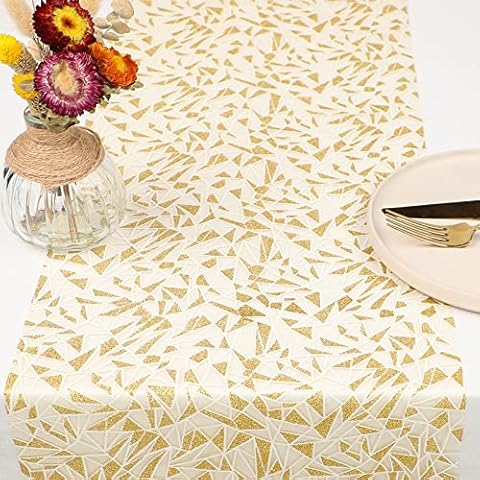 WELTRXE Table Runner, Sparkly Gold Sequins Fabric Roll, 28cm x 15M Shining Geometric Pattern Tulle Ribbon Rolls, Glittering Gift Packaging,Tabletop Decor,Birthday,Party,Wedding,Christmas Decoration Cover