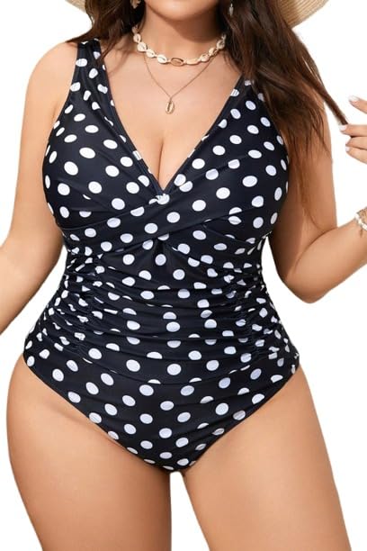 plus curvves Black Polka Dots Print Deep V One-Piece Swimsuit-picture-13