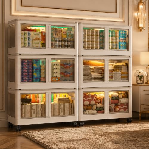 Image of EXVITO 6 Tier Stackable Storage Drawer Organizer Cabinet with Transparent Doors, Multi-Layer Storage Bin, Space-Saving Pantry Organizer, Cupboard for Clothes, Storage Rack - Cream