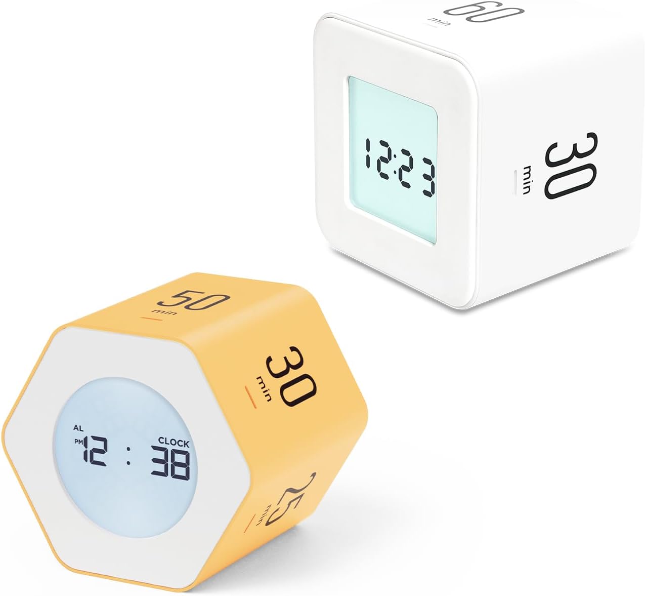 Mooas Productivity Timer Set: Multi Cube Time Timer (White) & Multi-Hexagon Clock Timer (Yellow) – Desk Timer, Productivity Digital Cube, and ADHD Timer for Study, Kitchen, Office, Classroom, Gym