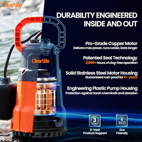 Image of Cleartide Submersible Sump Pump with Float Switch, 1 /3 HP 2790 GPH High Flow, Water Pump with Copper Motor, Ideal for Pool, Ideal for Yard and Flooded Cellar, Hot Tub, Garden Irrigation