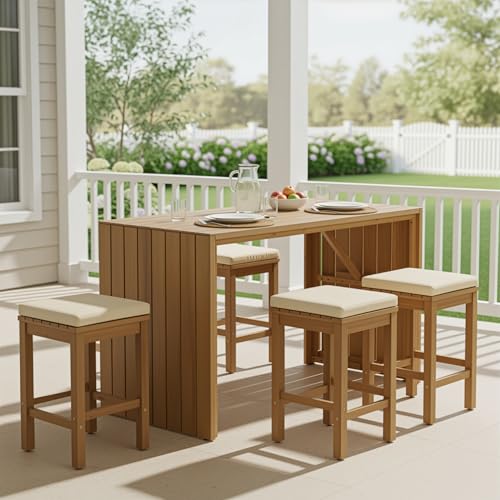 CKLMMC 5 Piece Outdoor Bar Set, Patio Acacia Wood Bar Height Table & Four Stools with Cushions, Poolside, Backyard Furniture for Stylish Entertaining