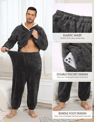 Fluffy Men's Pajamas Set, Soft Fleece PJs Sets Lounge Sleepwear Pajama Pants Comfy Pyjamas with Pockets for Warm Winter3