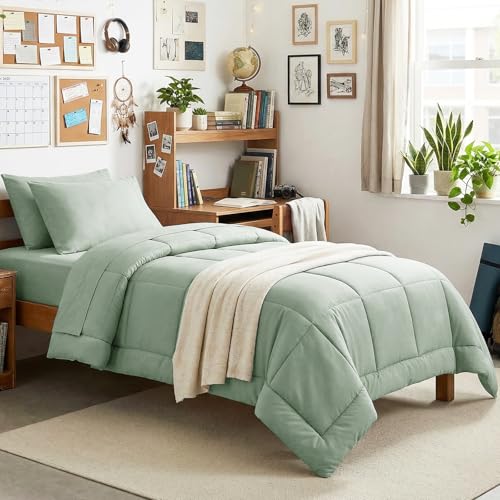 CozyLux Twin XL Comforter Set Sage Green, 5 Pieces Twin Extra Long Bed in a Bag for College Dorm, All Season Bedding Set with Stitch Quilted Comforter, Flat Sheet, Fitted Sheet, Pillowcases