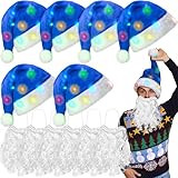 Suhine 6 Pcs Christmas Light up Santa Hat Plush Santa Hat 6 Pcs Xmas Santa Beard for Kids Adults Christmas Cosplay Costume (Blue)