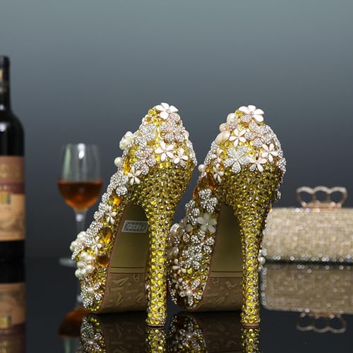 Chaussures de mariée jaune à talons hauts strass et perles élégantes taille 38
