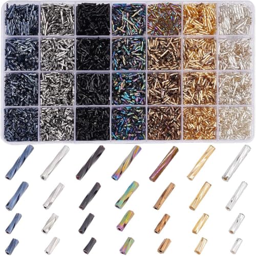 PH PandaHall 6300pcs Glass Bugle Beads - 7 Colors 5/6/9/12mm Tube & Twisted Seed Beads - Earring Bracelet Necklace Jewelry DIY Craft Making 0.5mm Hole