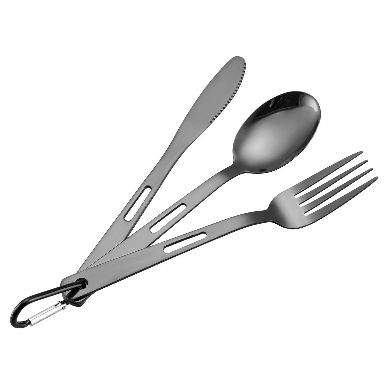 24-teiliges Camping Besteckset für 8 Personen, 3-teilig pro Person mit Karabiner, Edelstahl, spülmaschinengeeignet schwarz