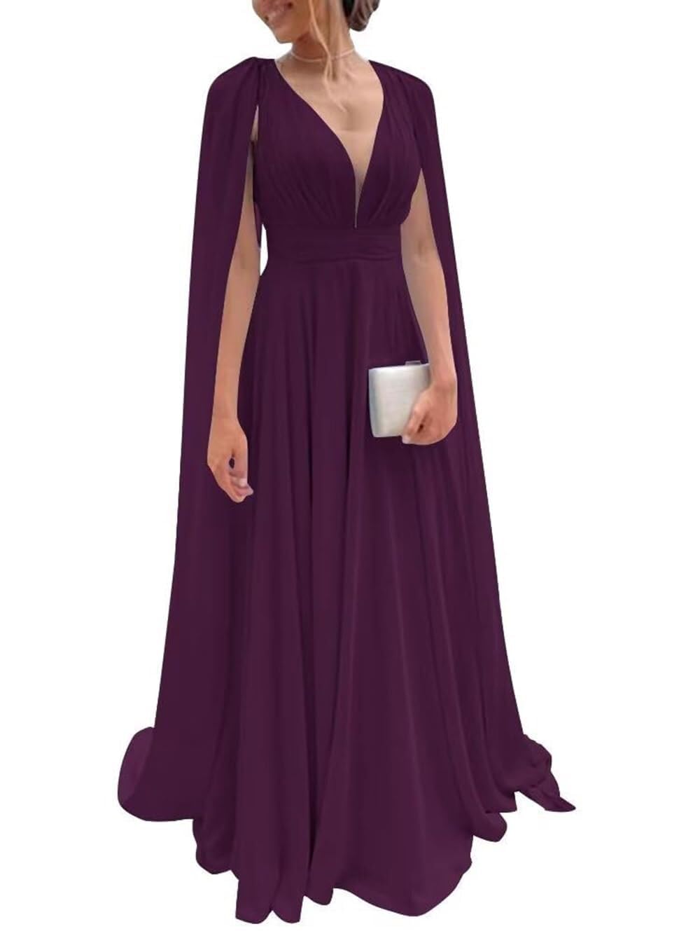 Chiffon Bridesmaid Dress for Women Cape Sleeve V-Neck Formal Evening Gowns with Pocket LBC020