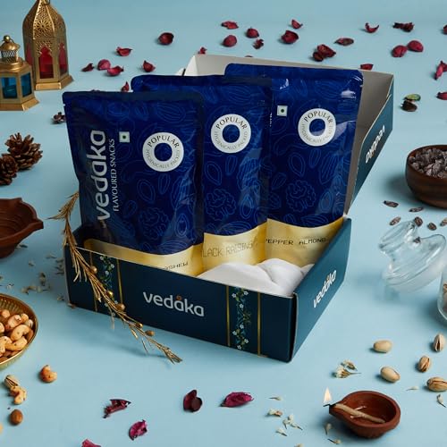 Image of Amazon Brand - Vedaka Flavored Dry Fruits | Gift Box | 500 Gram | Peri Peri Cashews 150 G, Black Pepper Almonds 150 G, Chatpata Black Raisins 200 G