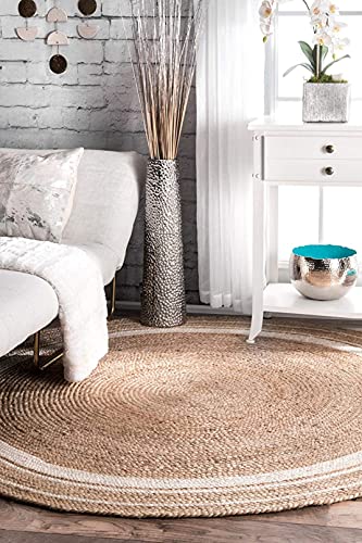 Image of Jute Braided Natural Hand Woven & Reversible Rug for Living Room Kitchen Entryway, Farmhouse Rustic Burlap Carpet Floor Mat (Whitejute, 90cm)