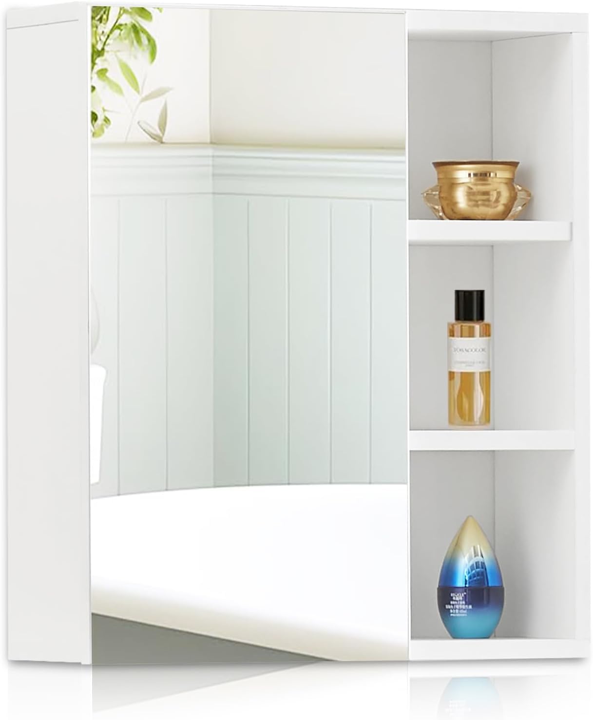 CLIPOP Armoire à Miroir Murale, Armoire de Salle de Bain avec Miroir, 3 Étagères Ouvertes et Étagère Réglable, pour Buanderie, Chambre, Salon