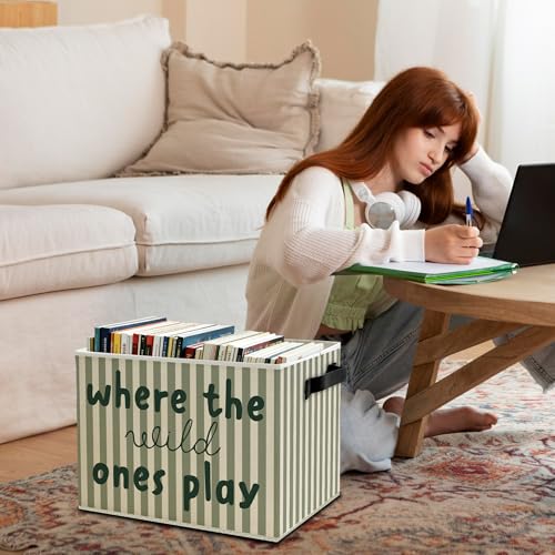 Image of Green Stripe Boho Classroom Storage Bins Box with Handles, Where the Wild Ones Play Collapsible Basket Organizer for Kids Playroom Nursery Bedroom Bathroom Books Clothes
