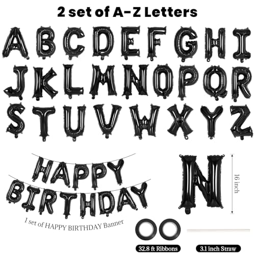 Image of 65 Pcs Black Happy Birthday Balloons, 2 Sets A-Z Black Letters Foil Balloons,16 Inch Personalized Name Happy Birthday Banners for Wedding Baby Shower Anniversary Party Decorations