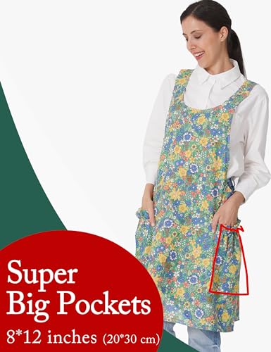 Image of Cozy Adjustable Cross Back Aprons for Women with Pockets Cotton Linen Cooking Kitchen Baking