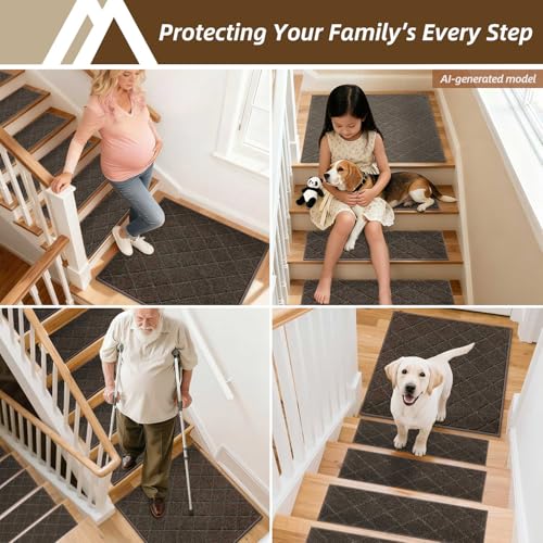 Image of COSY HOMEER Edging Stair Treads Non-Slip Corner Indoor Stair Runners for Wooden Steps,Landing Slip Resistant Stair Rugs Mat for Kids and Dogs,100% Polyester TPE Backing,Brown,30x30 inch