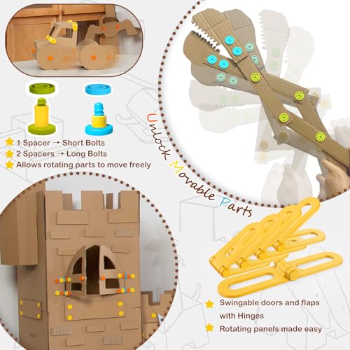 Image of Cardboard Construction Kit - 401 PCS Kids Building Set with Safe Serrated Cutter, Crease Roller, Screws & Nuts, STEM Upcycled Tool for DIY Cardboard Projects, Engineering & Creativity