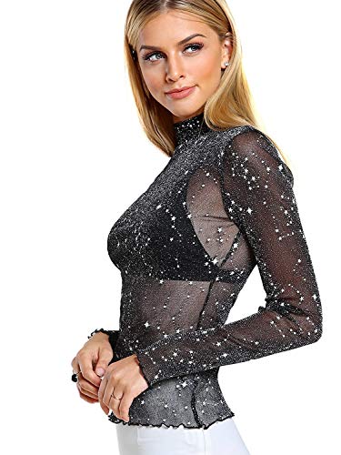 Floerns Women's Star Mesh See Through Mock Neck Long Sleeve Tops Tee T-Shirt A Black M