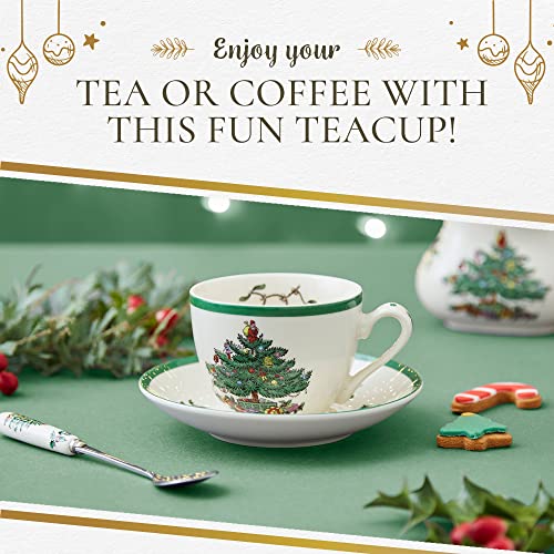 Spode Christmas Tree Collection Teacup And Saucer Set, Green Trim Design, Coffee Cup For Latte, Cappuccino, Espresso, And Tea, 7-Ounces, Made Of Earthenware #TOP4