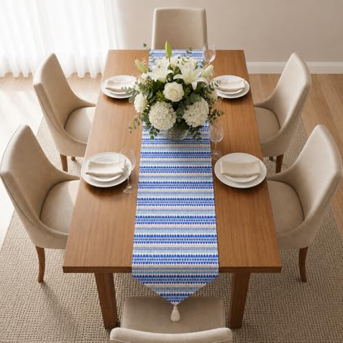 Image of STITCHNEST Woven Table Runner 13x60 Inches | Blue Geometric Design | Tassel Finish | Modern Dining Table Decor