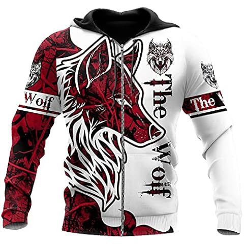 YOROOW Wolf Hunter Tatuaje Sudadera Capucha, Hombre 3D Impreso Animal Graffiti Mangas Largas Sudadera Casual Jersey Unisex Chaqueta Sportswear,Red Wolf Hoodie Zip,3XL Cover