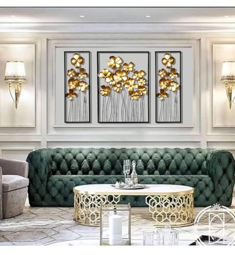 Image of ZOVE Creative Wall Decoration - Set of 3 Metal Lilac Gold Flower Wall Hanging | luxury Metal Wall Sculpture for Entrance, Bedroom, Corridor (Gold, 57 X 32 Inch)