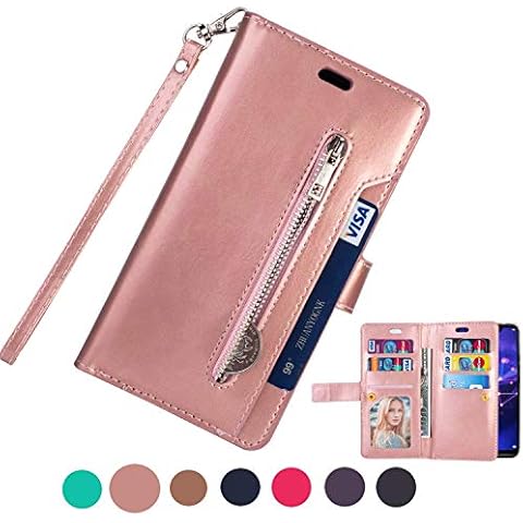 ZCDAYE Zipper Wallet Case for Huawei P20 Pro,Premium Magnetic Multi-functional Handbag Dual Folio PU Leather Stand Flip Case Cover with [Card Slots][Wrist Strap] for Huawei P20 Pro,Rose Gold Cover